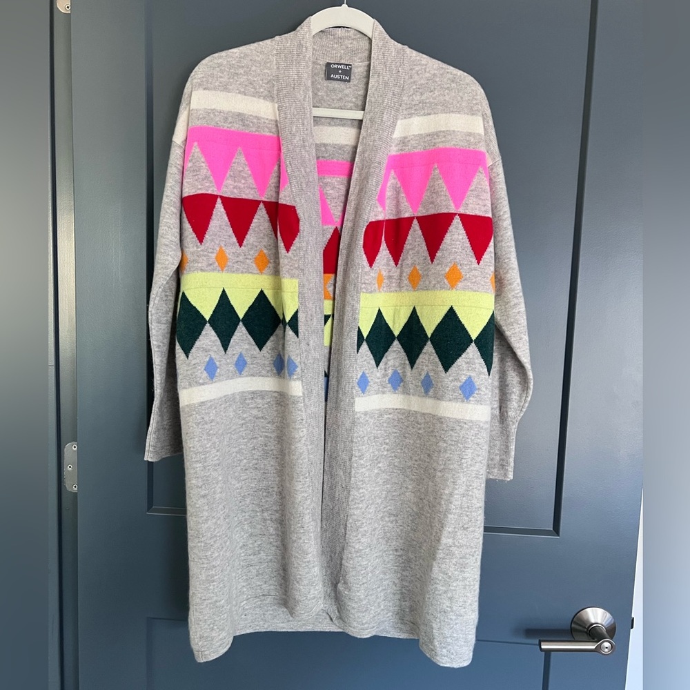 Orwell + Austen Colorful Abstract Cashmere Blend Long Cardigan Sweater Size M